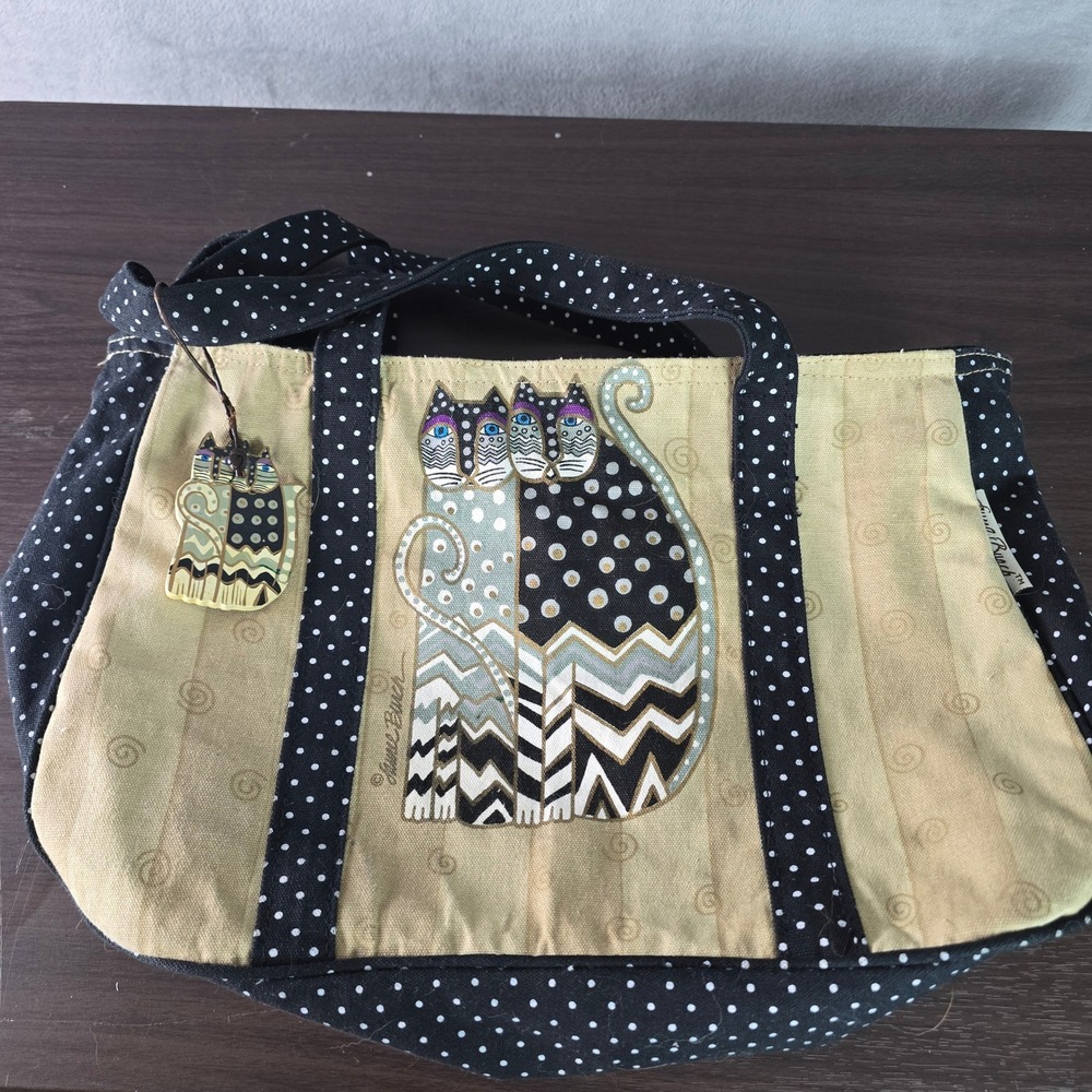 Laurel Burch Cat Canvas Tote Bag Black Polka Dot Sun N Sand Cotton Purse